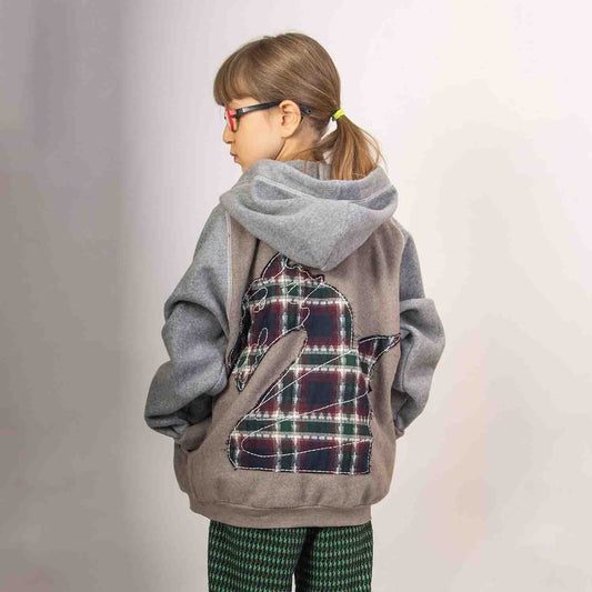 Beige Fleece Hoodie for Kids with Dragon Applique